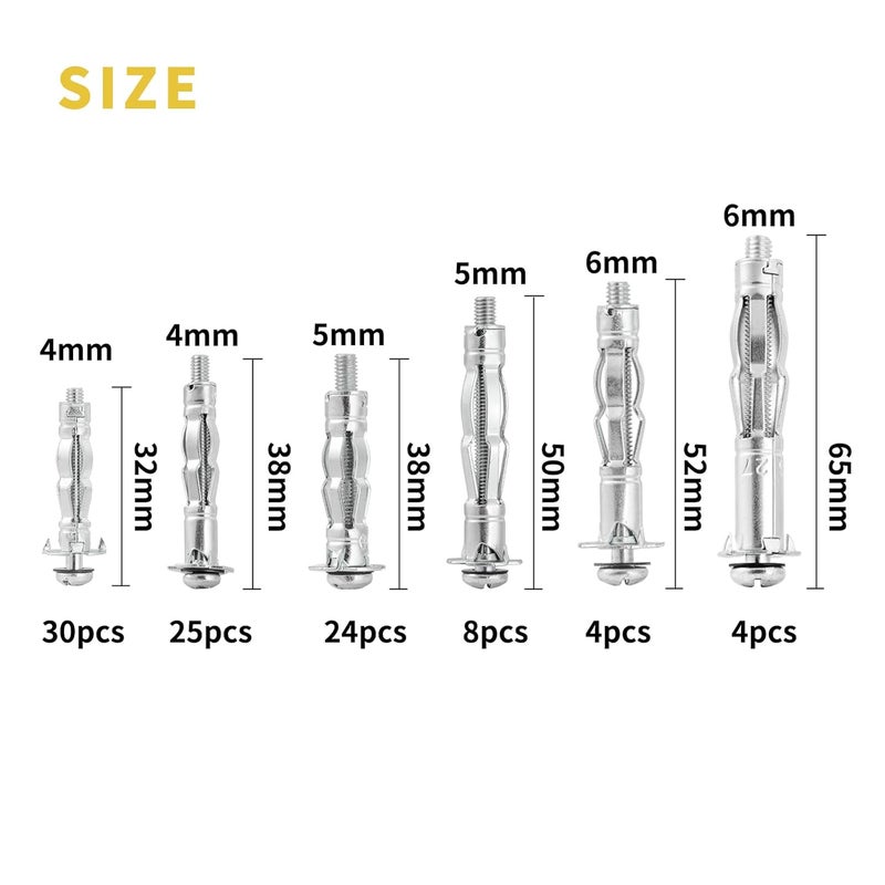 MAEXXNA Hollow Wall Anchor Heavy Duty Zinc Plated Steel Bolt Hollow Drive Wall Anchor Screw Set for Drywall,Multiple Sizes Assortment Kit (5size52pcs) - Image 2